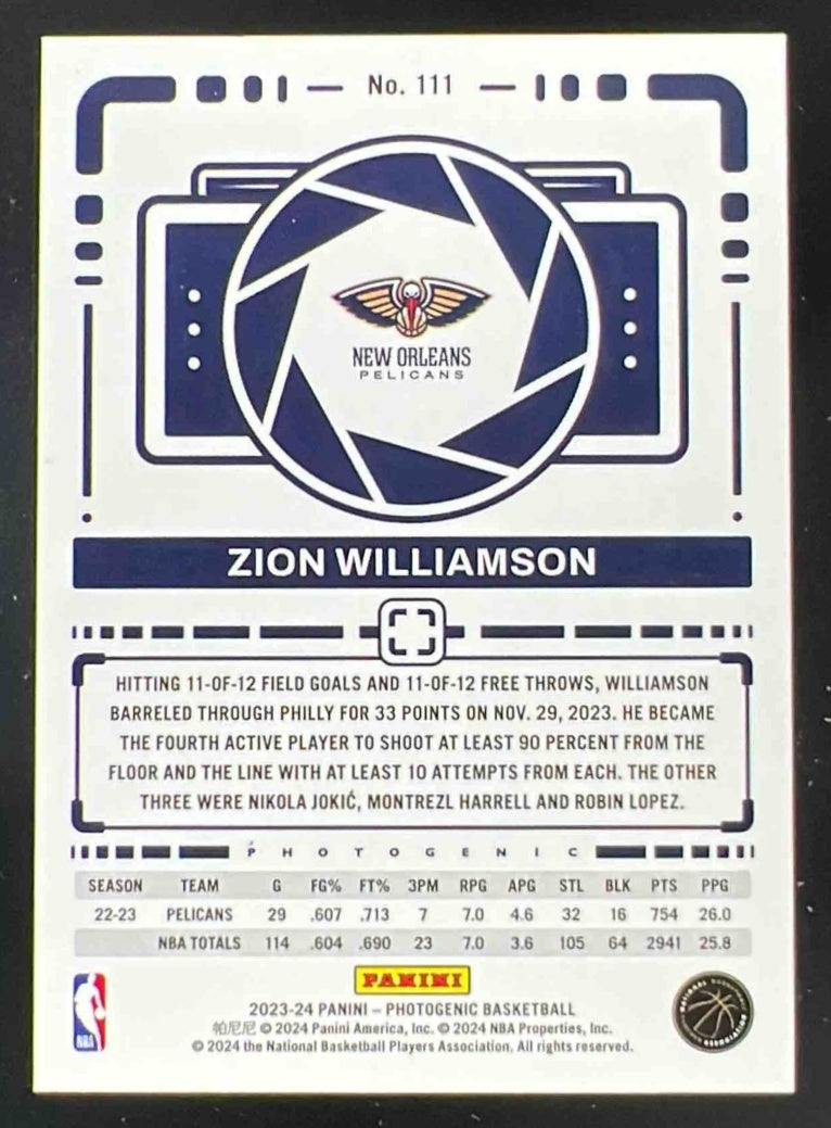 2023-24 Panini Photogenic Diamond #111 Zion Williamson /75