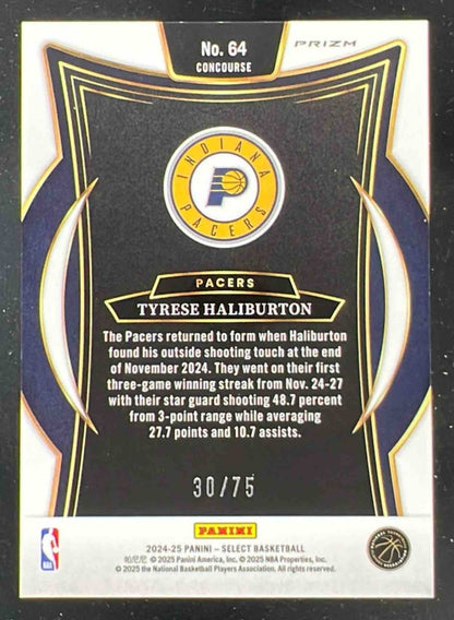 2024-25 Panini Select Concourse White Disco Prizm #64 Tyrese Haliburton /75