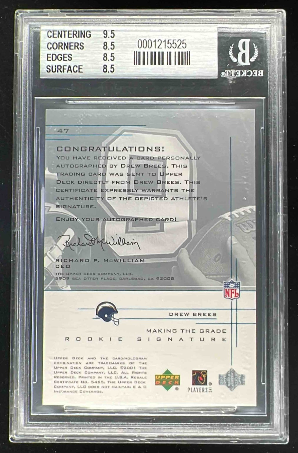 2001 Upper Deck Graded Rookie #47 Drew Brees Autograph Auto /500 BGS 8.5