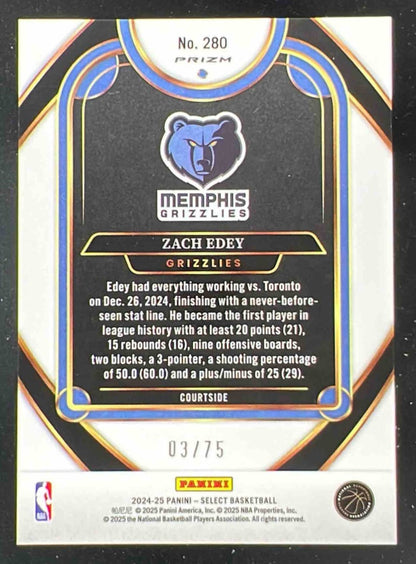 2024-25 Panini Select Courtside Blue Wave Prizm #280 Zach Edey RC /75