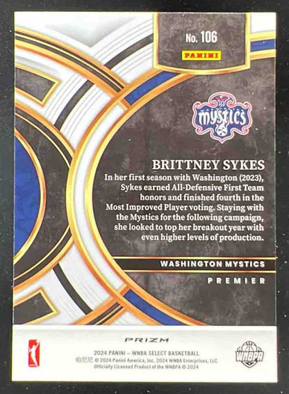 2024 Panini Select WNBA Zebra Prizm SSP #106 Brittney Sykes Premier Level
