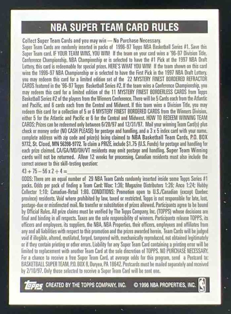 1996-97 Topps Super Team Sweepstakes #MH Miami Heat Team