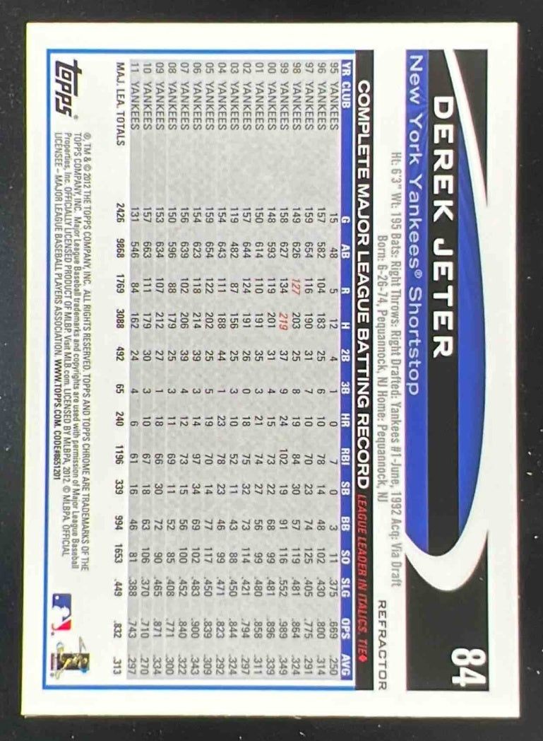 2012 Topps Chrome Purple Refractors #84 Derek Jeter