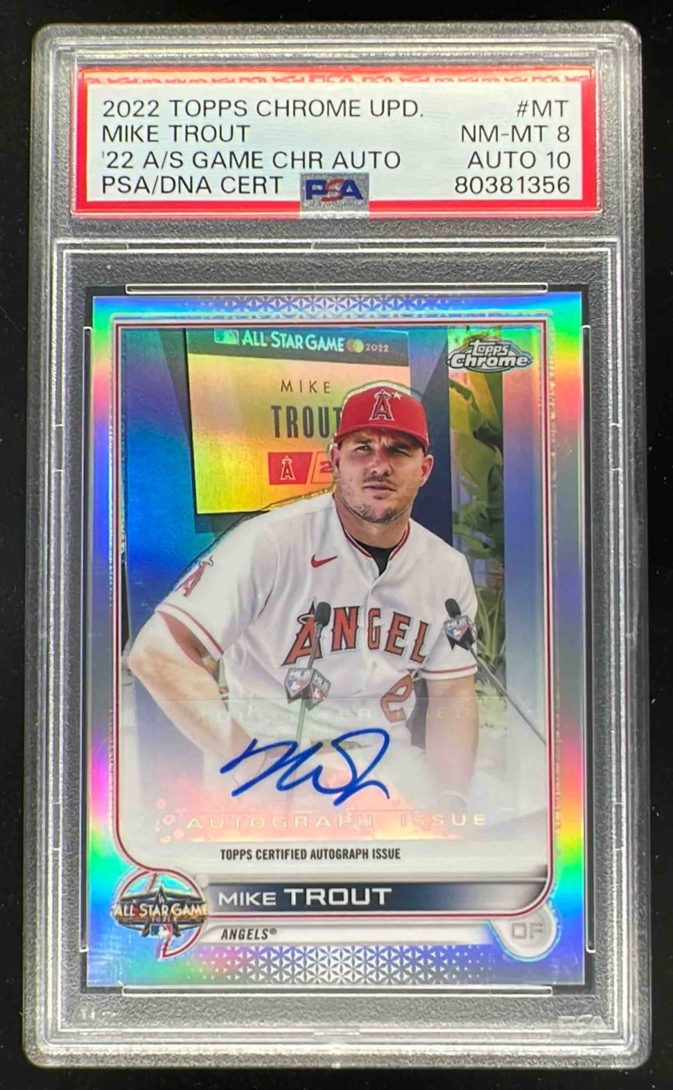 2022 Topps Chrome Update 2022 All-Star Game Chrome #ASGAMT Mike Trout Auto PSA 8
